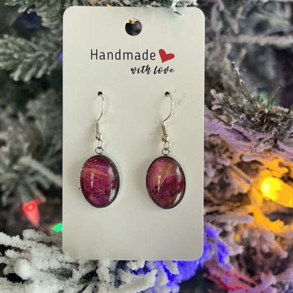 Handmade Poured Paint Oval Earrings Red Yellow Swirl Stainless Steel Artisan - Picture 2 of 5